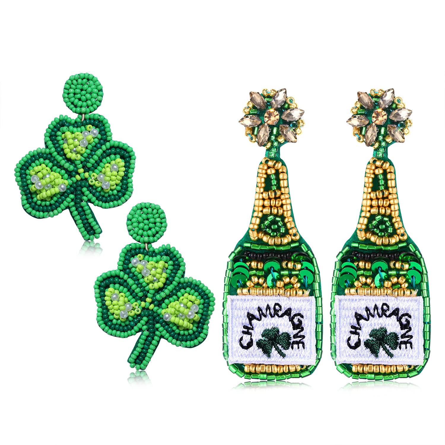 Vogueknock 2 Pairs Champagne Earrings Beaded Champange Bottle Drop Dangle Earrings Green St.Patrick's Day Shamrock Earrings Birthday Holiday Parties Gifts