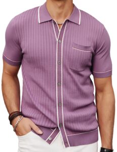 mens short sleeve knit shirt vintage button down golf polo shirt purple s