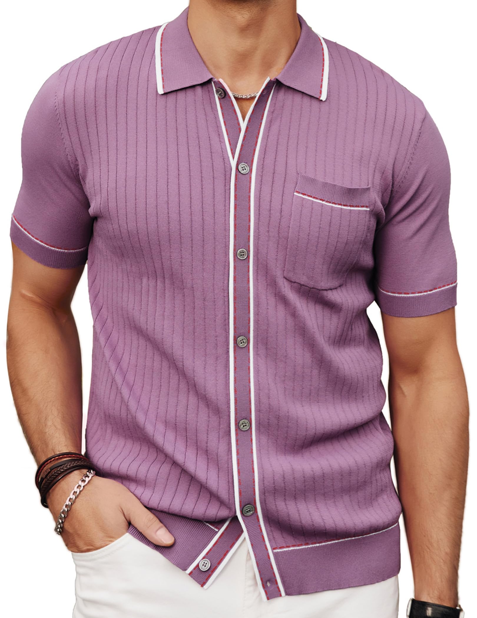 Mens Short Sleeve Knit Shirt Vintage Button Down Golf Polo Shirt Purple S