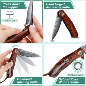 Benkey VG10 Damascus Pocket Knife with Clip Leather Sheath and Wood Folding Hunting Knife Bundles