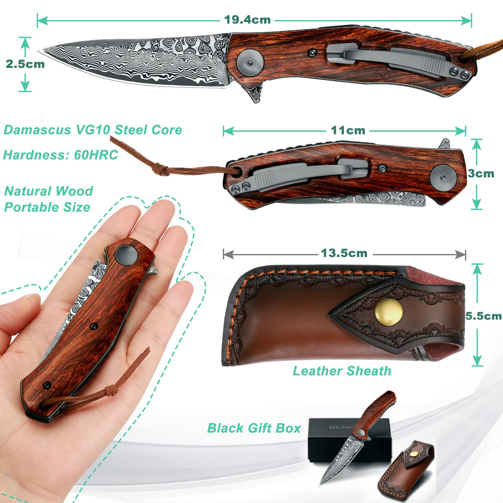 Benkey VG10 Damascus Pocket Knife with Clip Leather Sheath and Wood Folding Hunting Knife Bundles