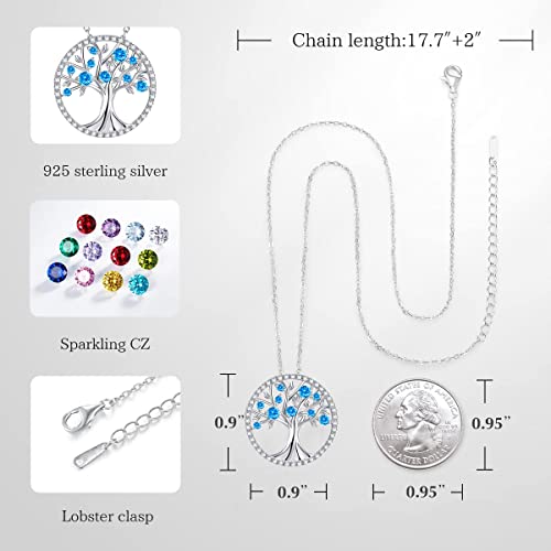 March Sterling Silver Birthstone Life Tree Necklaces S925 Birthday Necklace for Women Girls Mom Wife Daughter Grandma Necklace Valentines Mother