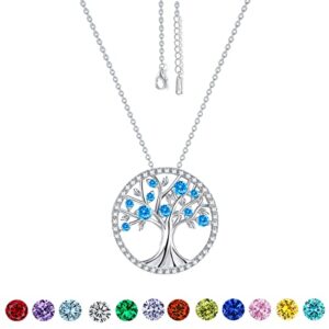 March Sterling Silver Birthstone Life Tree Necklaces S925 Birthday Necklace for Women Girls Mom Wife Daughter Grandma Necklace Valentines Mother