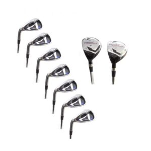 agxgolf men's left hand senior flex, extra-tall +1.5 inch length wide sole irons set (9 clubs): 3 & 4 hybrid irons + 5, 6, 7, 8 & 9 irons + wide sole pitching wedge + bonus sand wedge; usa bilt!