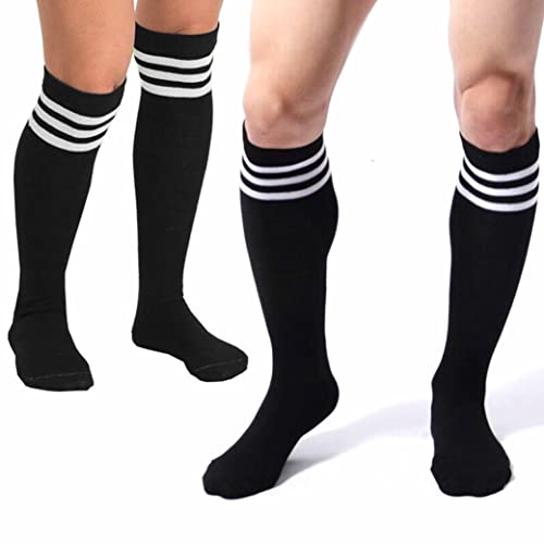 4 Pair Black Knee High Tube Socks 3 White Stripes Classic 24" Soccer Sport 10-15