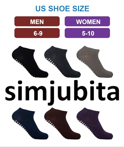 simjubita Non Slip Socks, Anti Skid Socks with Gripper Gel for Home, Hospital, Yoga, Pilates, Barre, Elderly, Pregnancy, 4 Packs, Size 5.5-9.5