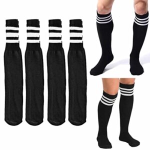 4 Pair Black Knee High Tube Socks 3 White Stripes Classic 24" Soccer Sport 10-15