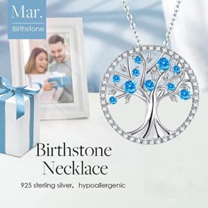 March Sterling Silver Birthstone Life Tree Necklaces S925 Birthday Necklace for Women Girls Mom Wife Daughter Grandma Necklace Valentines Mother