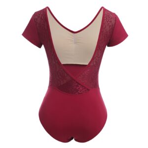 AFAVOM Ballet Leotards for Women Dance Leotards Short Sleeve Lace Ballet Bodysuit Mesh Open Wrap V-backless Gymnastics Leotards High Cut Camisole Leotard Tops Yoga Ballerina Dancewear Dark Red L