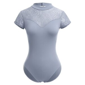 Ballet Leotards for Women's Dance Leotard for Ballet, Adult Women Short Sleeve Lace Ballet Bodysuit Mesh Mock Neck Gymnastics Leotards with Bra High Cut Open Backless Camisole Leotard Gray Lace M