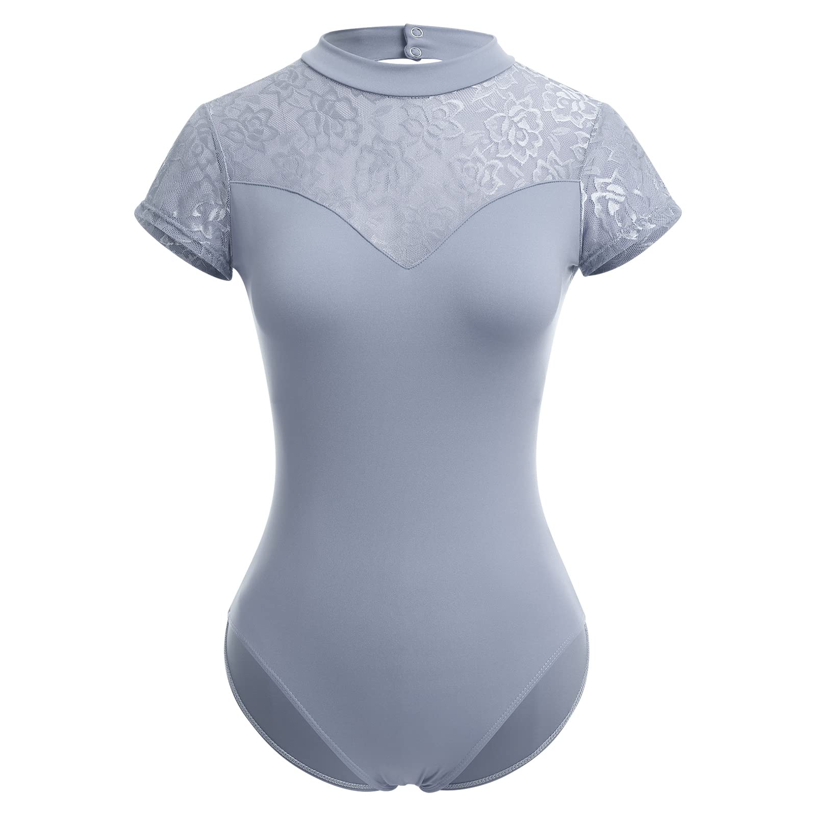 Ballet Leotards for Women's Dance Leotard for Ballet, Adult Women Short Sleeve Lace Ballet Bodysuit Mesh Mock Neck Gymnastics Leotards with Bra High Cut Open Backless Camisole Leotard Gray Lace M