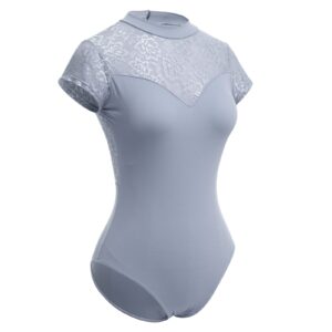 Ballet Leotards for Women's Dance Leotard for Ballet, Adult Women Short Sleeve Lace Ballet Bodysuit Mesh Mock Neck Gymnastics Leotards with Bra High Cut Open Backless Camisole Leotard Gray Lace M