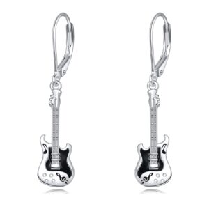 YFN Guitar Earrings Sterling Silver Guitar Jewelry for Women Leverback Music Earrings Gifts for Guitar Players Guitar Lover Guitar Dangle Drop Earrings (black)