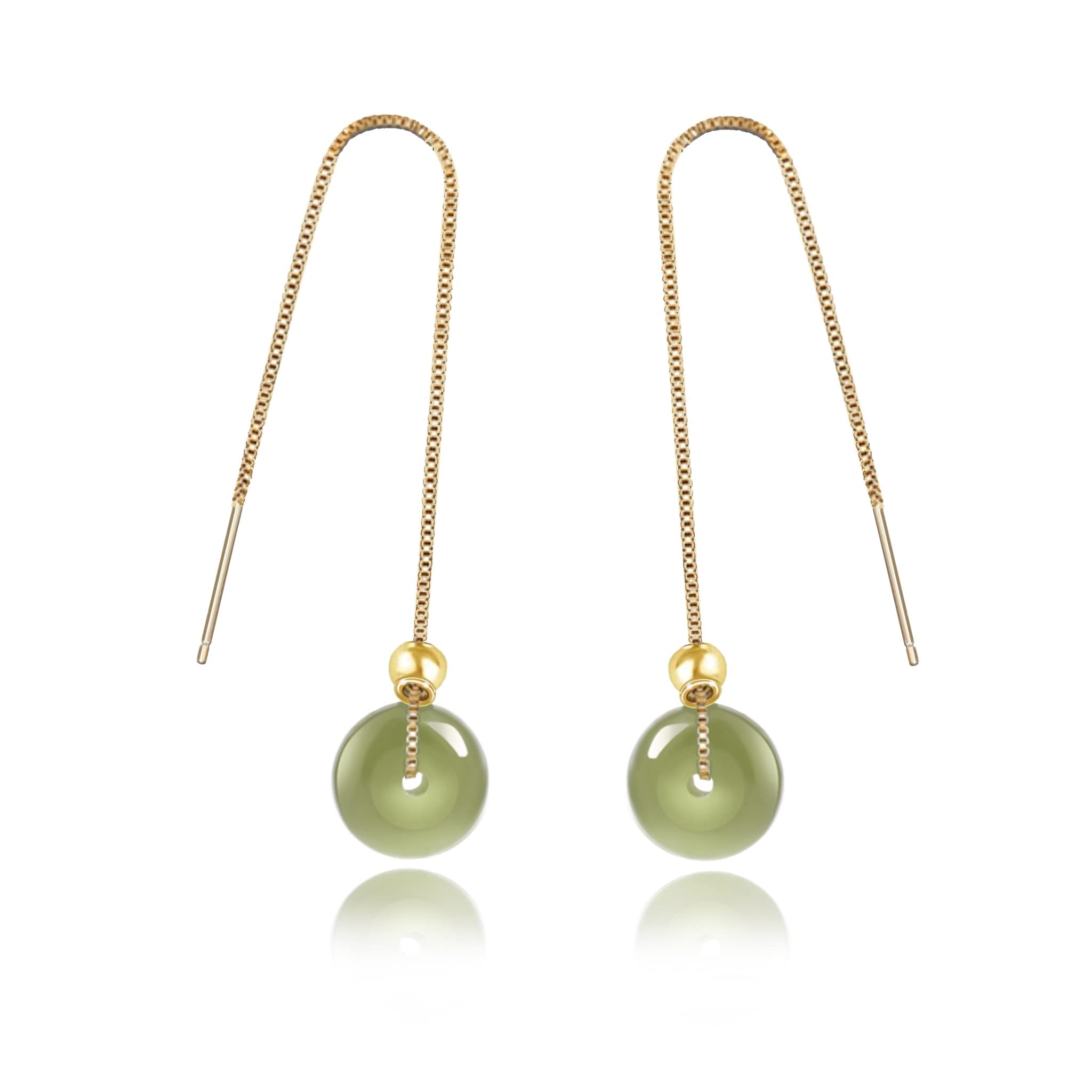 B&D Labor Day Gifts for Wife Mom 14K Gold Filled Hetian Jade Dangling Earrings Handmade Natural Bead Drop Earrings Green Long Wire Bridal Jade Jewelry Birthday Gift for Women (Green)