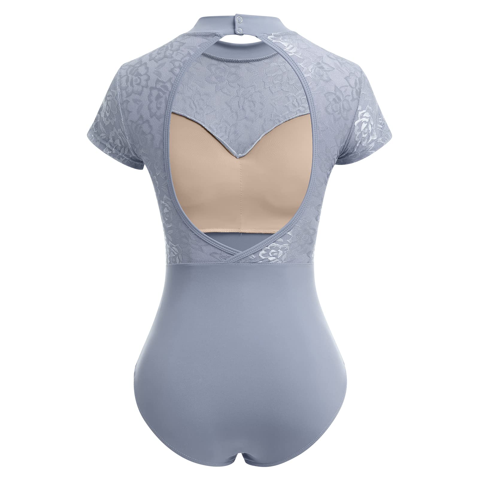 Ballet Leotards for Women's Dance Leotard for Ballet, Adult Women Short Sleeve Lace Ballet Bodysuit Mesh Mock Neck Gymnastics Leotards with Bra High Cut Open Backless Camisole Leotard Gray Lace M