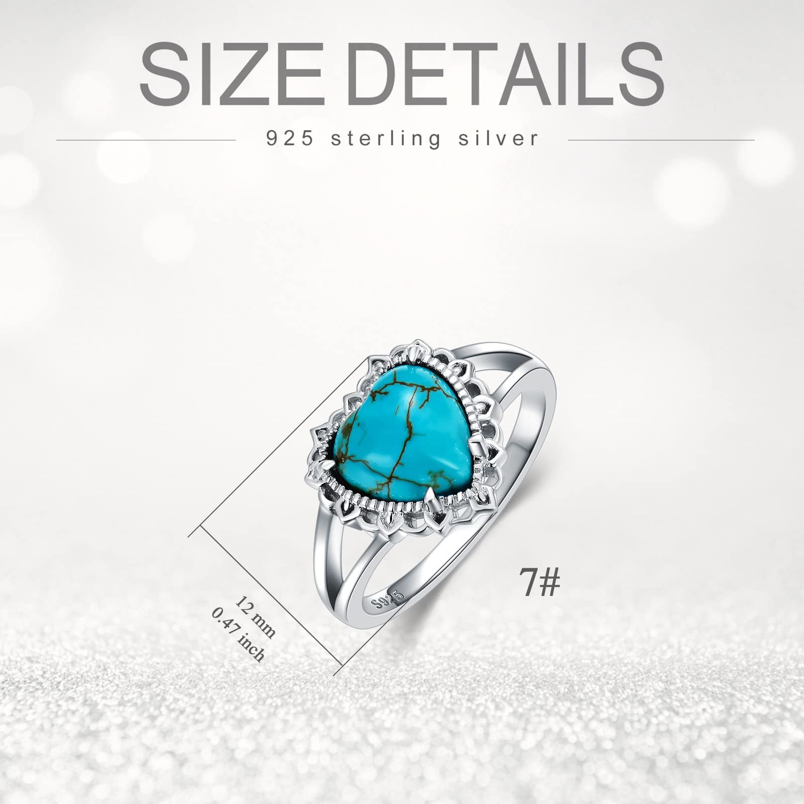 BETHZA Natural Turquoise Rings for Women 925 Sterling Silver Heart Shape Genuine Turquoise Statement Ring Western Jewelry Gifts for Wife Size 7