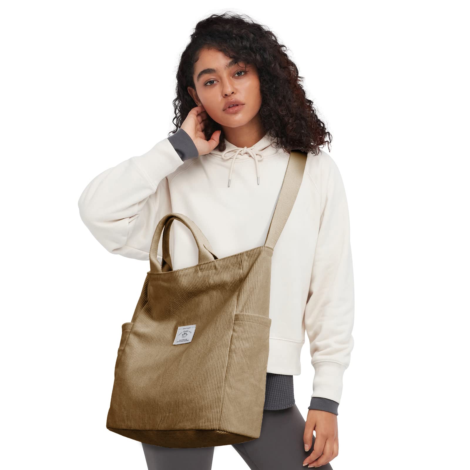 KALIDI Corduroy Tote Bag, Zipper Messenger Bag Shoulder Hobo Anti Splash Crossbody Bag Casual Work Shopping Women Khaki