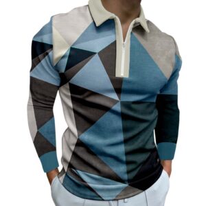 Mens Long Sleeve Polo Shirts Casual Zipper Golf Shirts Fashion Graphic Printed Athletic Tennis T-Shirt Tops(Blue,3X-Large)