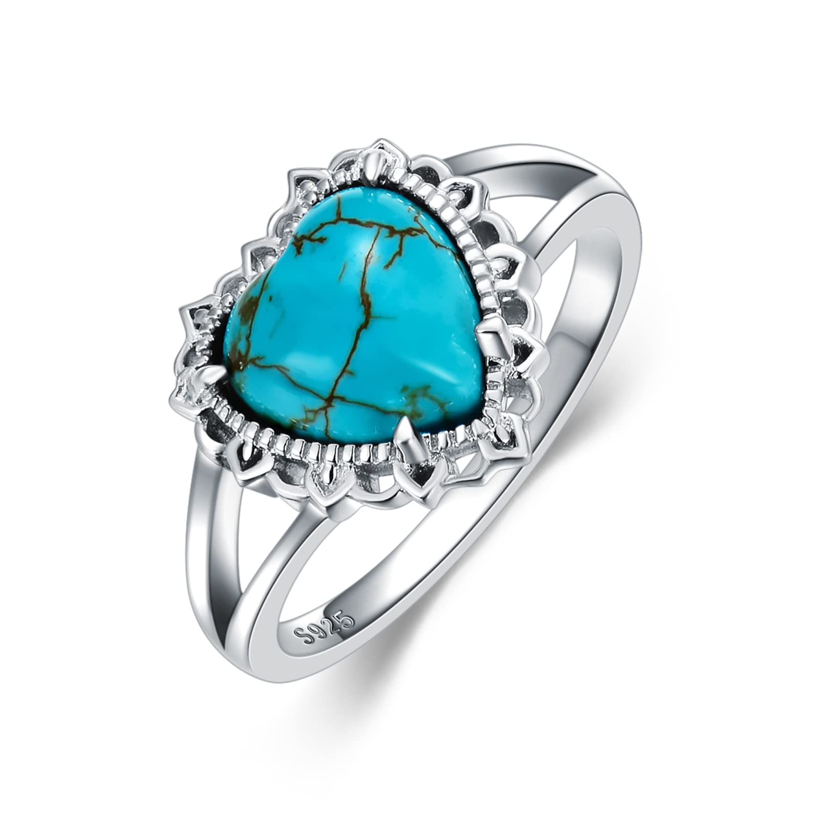 BETHZA Natural Turquoise Rings for Women 925 Sterling Silver Heart Shape Genuine Turquoise Statement Ring Western Jewelry Gifts for Wife Size 7