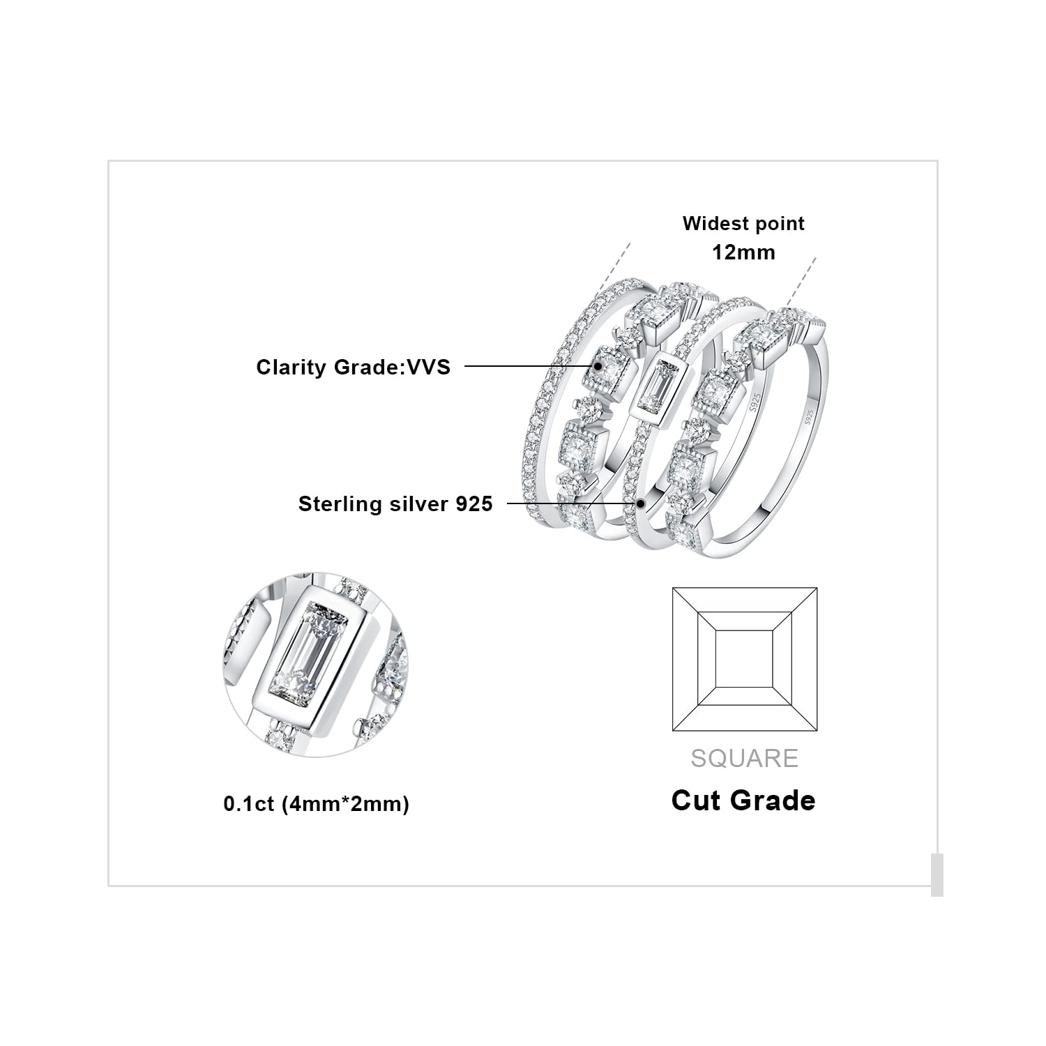 JewelryPalace Princess Emerald Cut CZ Stackable Wedding Ring Eternity Bands for Women, Cubic Zirconia 925 Sterling Silver 14K Rose Gold Plated Promise Ring for Her, 4pc Anniversary Ring Sets Size 8