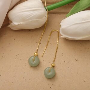 B&D Labor Day Gifts for Wife Mom 14K Gold Filled Hetian Jade Dangling Earrings Handmade Natural Bead Drop Earrings Green Long Wire Bridal Jade Jewelry Birthday Gift for Women (Green)