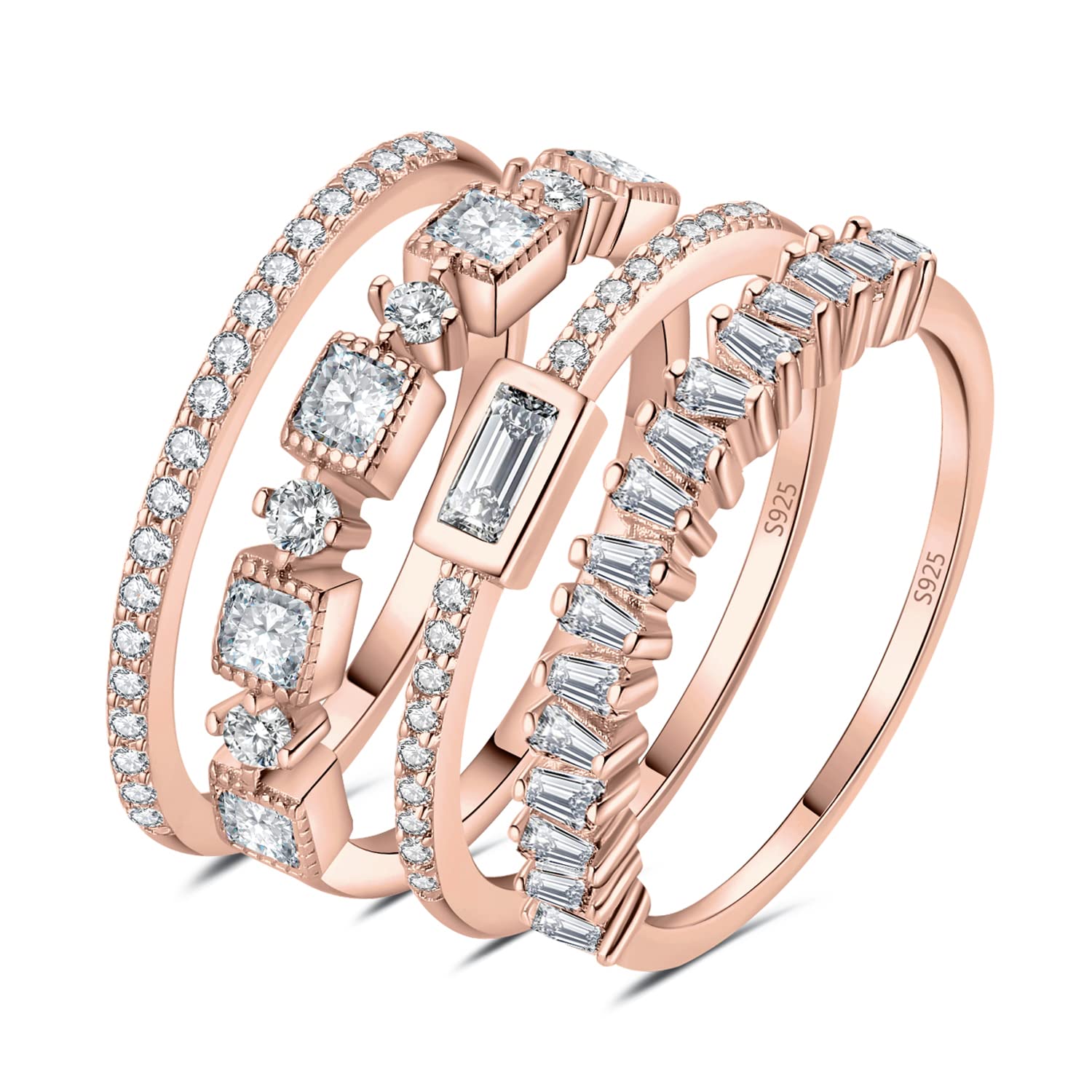 JewelryPalace Princess Emerald Cut CZ Stackable Wedding Ring Eternity Bands for Women, Cubic Zirconia 925 Sterling Silver 14K Rose Gold Plated Promise Ring for Her, 4pc Anniversary Ring Sets Size 8