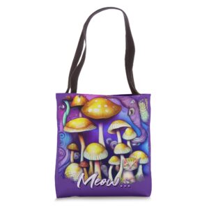 colorful mushroom meow cat morel mycology art tote bag