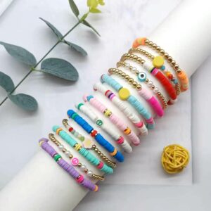 MOZAKA 42Pcs Heishi Bracelets for Women Preppy Bracelets Stackable Bohemian Elastic Layering Friendship Bracelets Y2k Aesthetic Summer Beach Jewelry