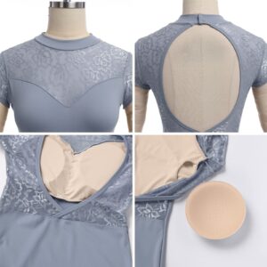 Ballet Leotards for Women's Dance Leotard for Ballet, Adult Women Short Sleeve Lace Ballet Bodysuit Mesh Mock Neck Gymnastics Leotards with Bra High Cut Open Backless Camisole Leotard Gray Lace M