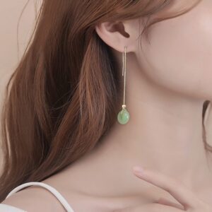 B&D Labor Day Gifts for Wife Mom 14K Gold Filled Hetian Jade Dangling Earrings Handmade Natural Bead Drop Earrings Green Long Wire Bridal Jade Jewelry Birthday Gift for Women (Green)