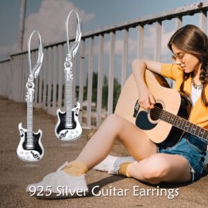 YFN Guitar Earrings Sterling Silver Guitar Jewelry for Women Leverback Music Earrings Gifts for Guitar Players Guitar Lover Guitar Dangle Drop Earrings (black)