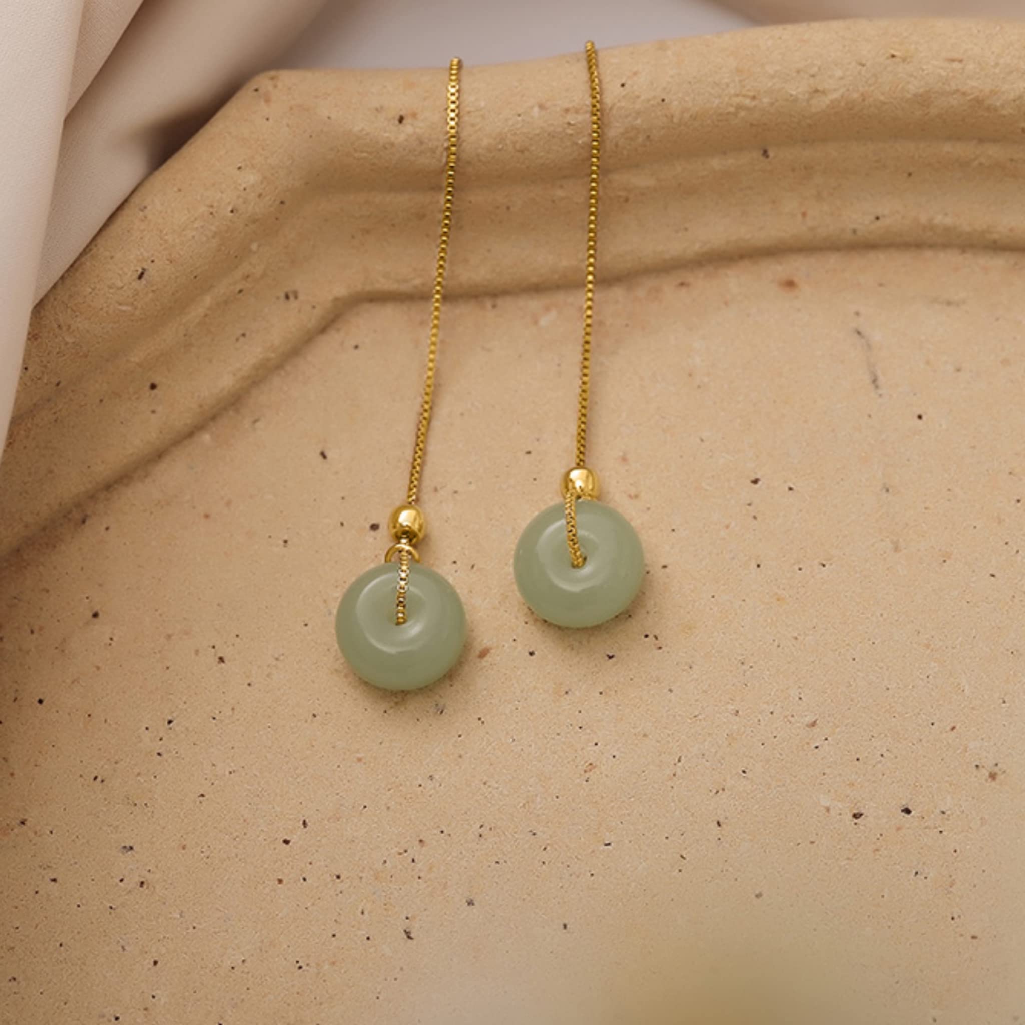 B&D Labor Day Gifts for Wife Mom 14K Gold Filled Hetian Jade Dangling Earrings Handmade Natural Bead Drop Earrings Green Long Wire Bridal Jade Jewelry Birthday Gift for Women (Green)