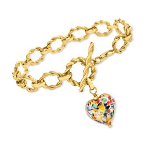 Ross-Simons Italian Multicolored Murano Glass Heart Charm Bracelet in 18kt Gold Over Sterling. 7 inches