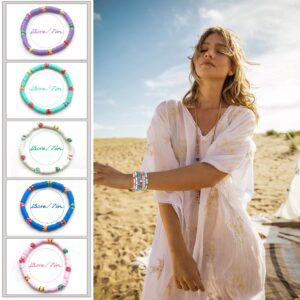 MOZAKA 42Pcs Heishi Bracelets for Women Preppy Bracelets Stackable Bohemian Elastic Layering Friendship Bracelets Y2k Aesthetic Summer Beach Jewelry