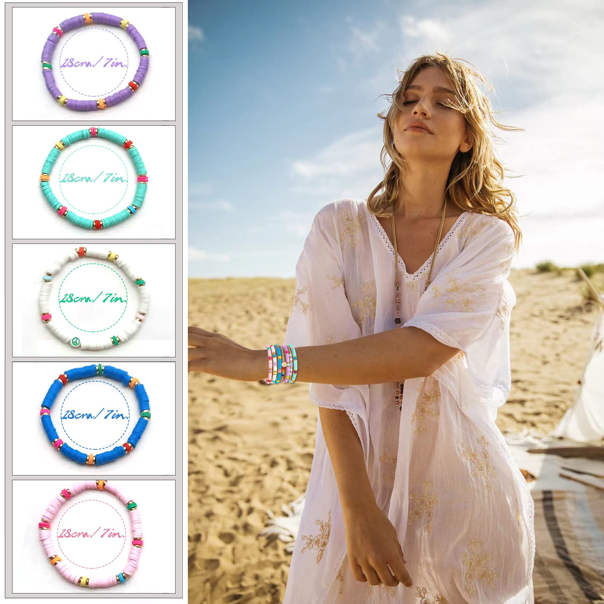 MOZAKA 42Pcs Heishi Bracelets for Women Preppy Bracelets Stackable Bohemian Elastic Layering Friendship Bracelets Y2k Aesthetic Summer Beach Jewelry