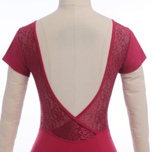 AFAVOM Ballet Leotards for Women Dance Leotards Short Sleeve Lace Ballet Bodysuit Mesh Open Wrap V-backless Gymnastics Leotards High Cut Camisole Leotard Tops Yoga Ballerina Dancewear Dark Red L