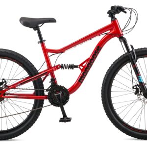 Mongoose Status Mens and Womens Mountain Bike, 27.5-Inch Wheels, 21 Speed Trigger Shifters, Aluminum Frame, Dual Suspension, Front and Rear Disc Brakes, Red