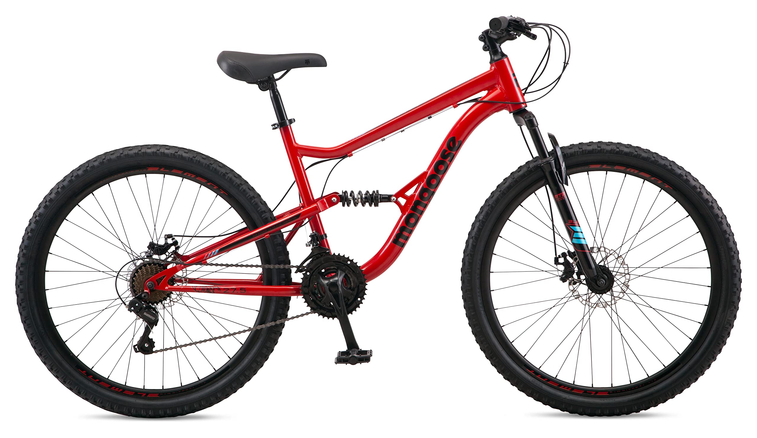 Mongoose Status Mens and Womens Mountain Bike, 27.5-Inch Wheels, 21 Speed Trigger Shifters, Aluminum Frame, Dual Suspension, Front and Rear Disc Brakes, Red