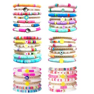 MOZAKA 42Pcs Heishi Bracelets for Women Preppy Bracelets Stackable Bohemian Elastic Layering Friendship Bracelets Y2k Aesthetic Summer Beach Jewelry