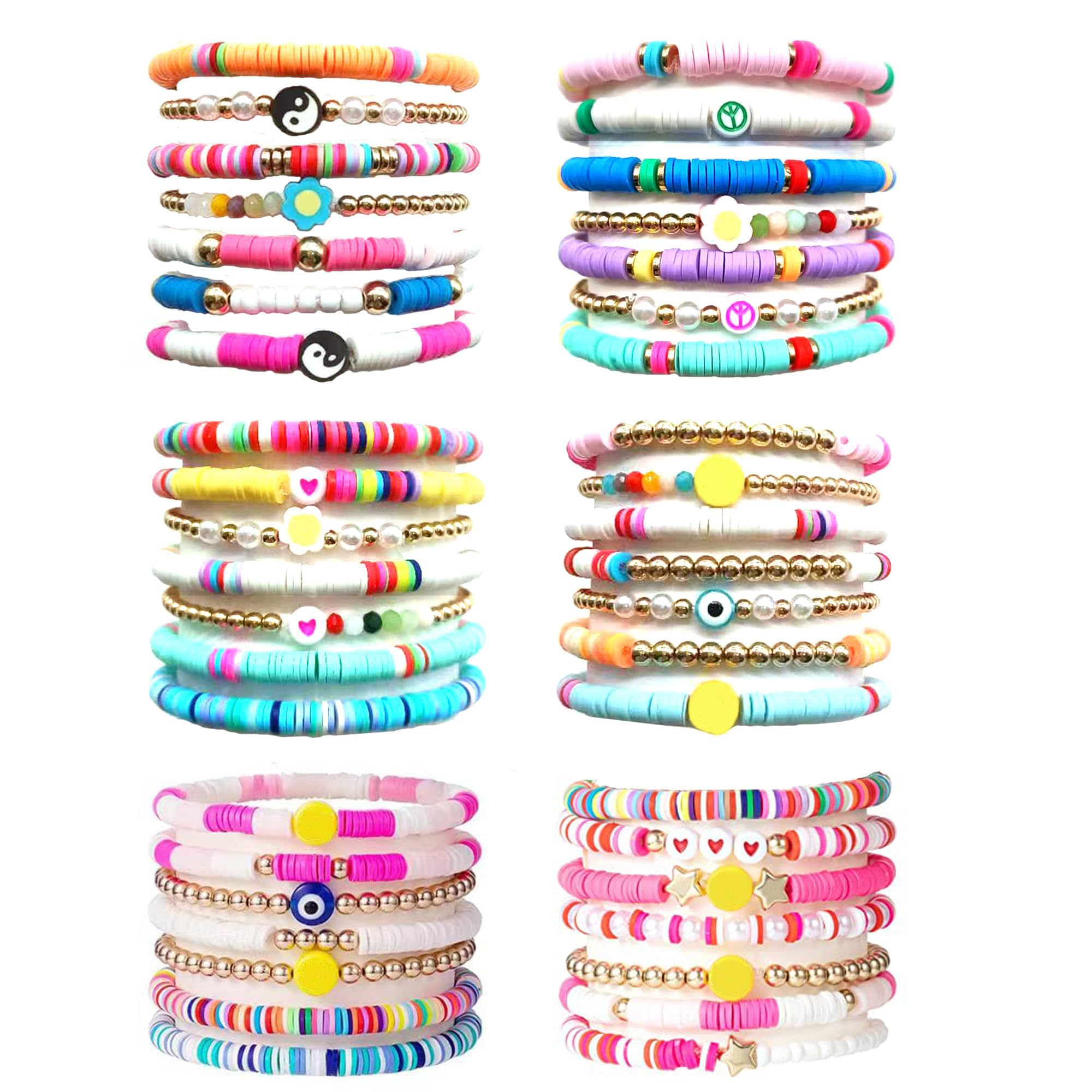 MOZAKA 42Pcs Heishi Bracelets for Women Preppy Bracelets Stackable Bohemian Elastic Layering Friendship Bracelets Y2k Aesthetic Summer Beach Jewelry