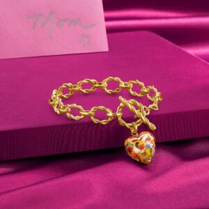 Ross-Simons Italian Multicolored Murano Glass Heart Charm Bracelet in 18kt Gold Over Sterling. 7 inches