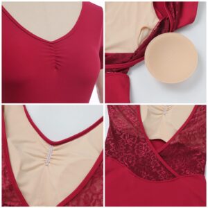 AFAVOM Ballet Leotards for Women Dance Leotards Short Sleeve Lace Ballet Bodysuit Mesh Open Wrap V-backless Gymnastics Leotards High Cut Camisole Leotard Tops Yoga Ballerina Dancewear Dark Red L