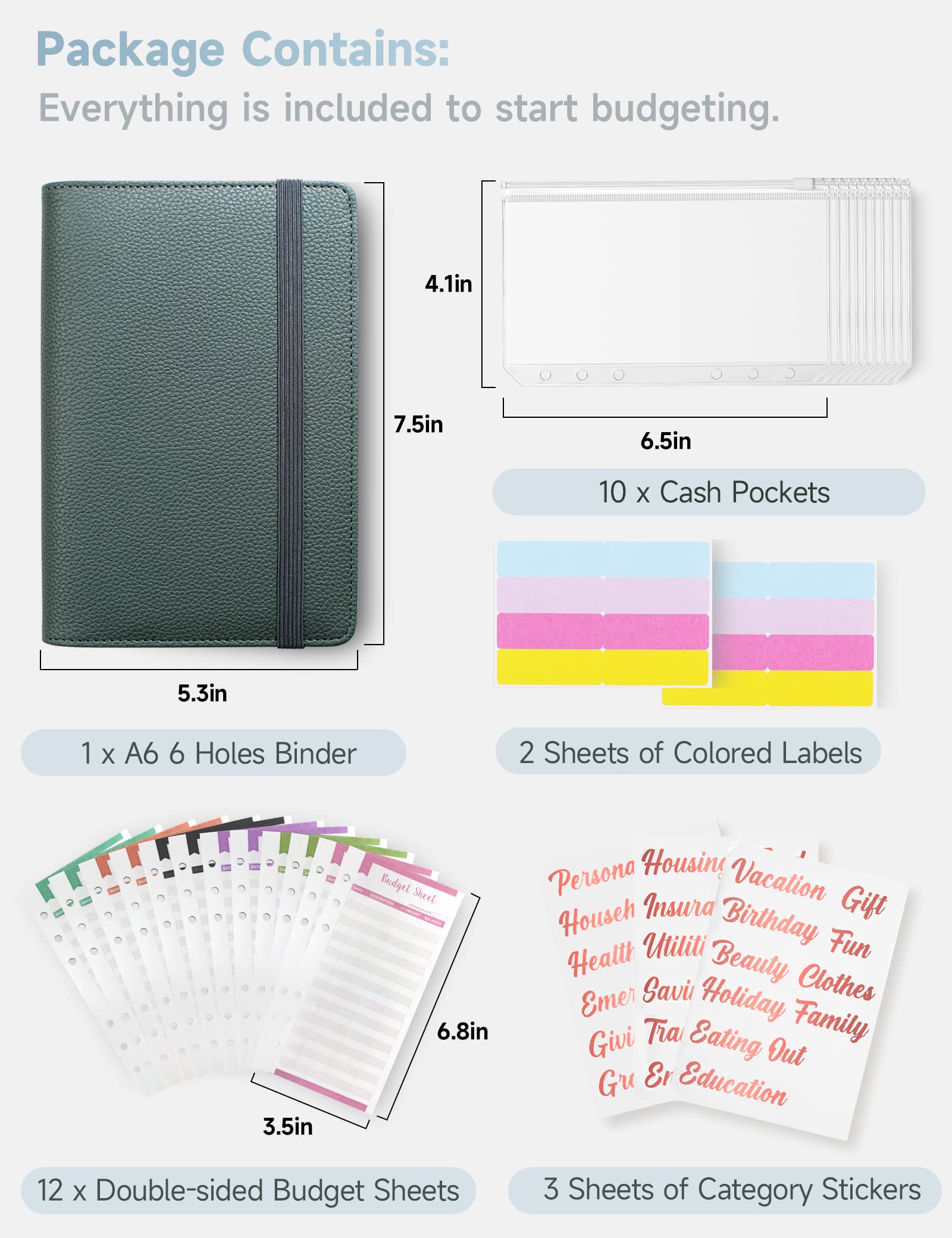 A6 Budget Binder with 10 Zipper Envelopes, PU Leather Money Binder Organizer for Cash Envelope Binder for Budgeting, Savings Binder with Budget Sheets & Stickers, Budget Organizer for Cash