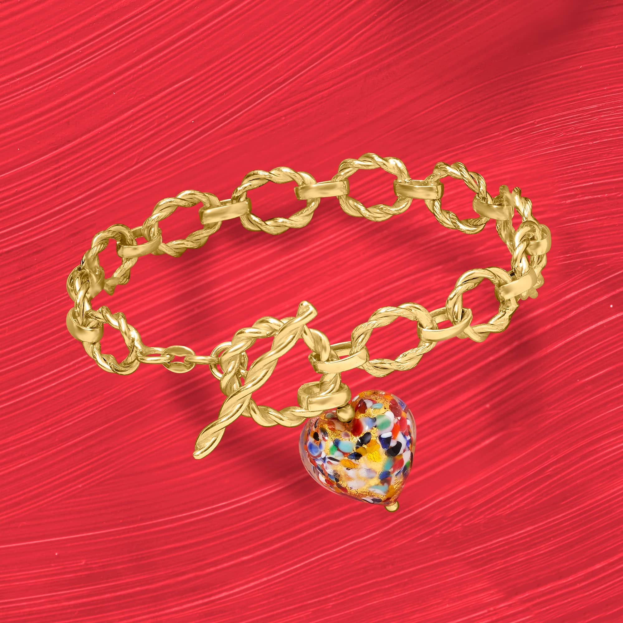 Ross-Simons Italian Multicolored Murano Glass Heart Charm Bracelet in 18kt Gold Over Sterling. 7 inches