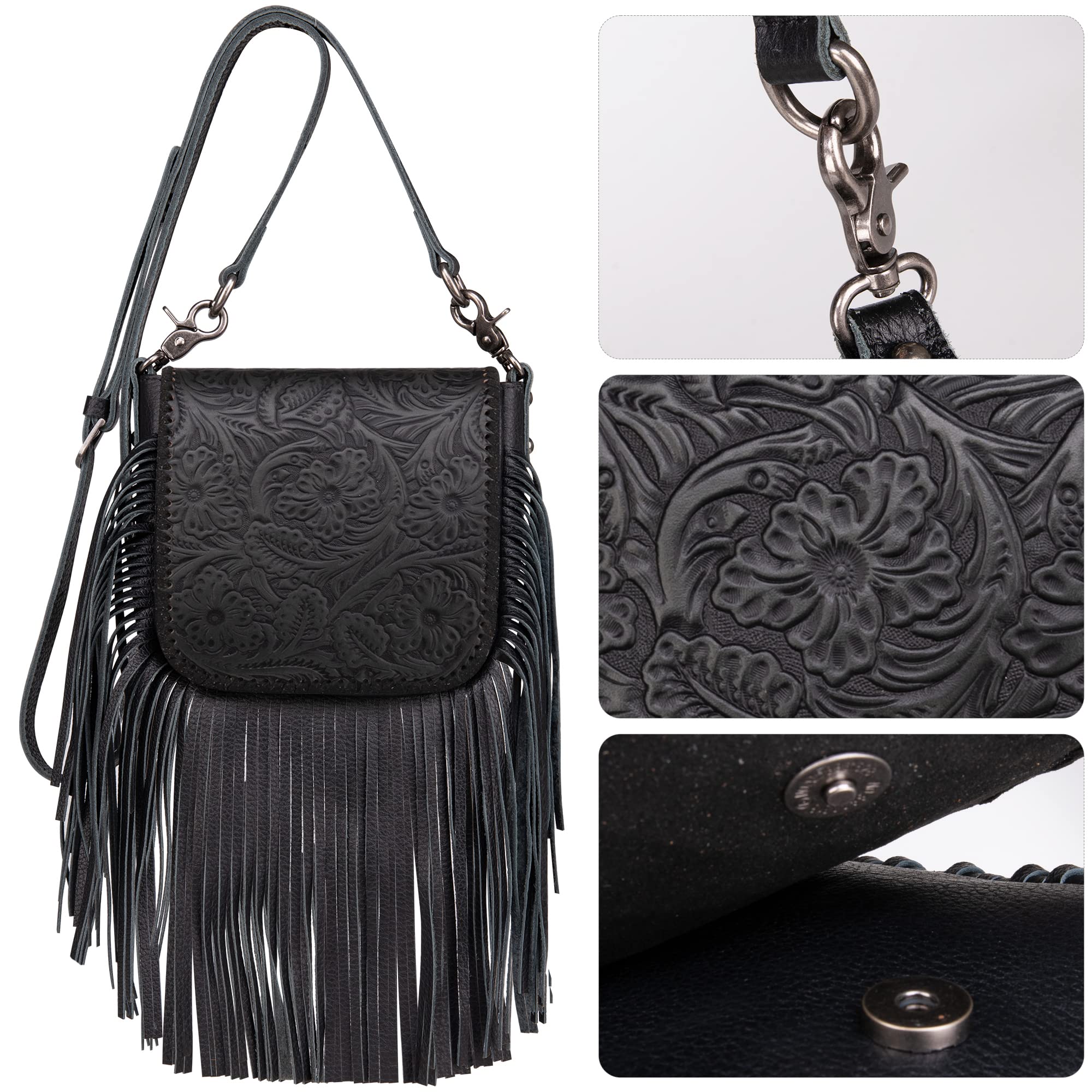 Women's Crossbody Handbags Western Purses for Women Small Crossbody Bags Tooled Leather Fringe Purse Black RLC-L159BK