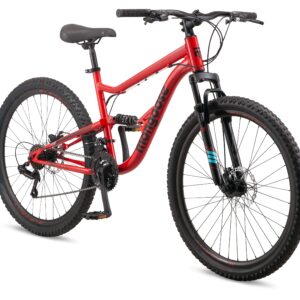 Mongoose Status Mens and Womens Mountain Bike, 27.5-Inch Wheels, 21 Speed Trigger Shifters, Aluminum Frame, Dual Suspension, Front and Rear Disc Brakes, Red