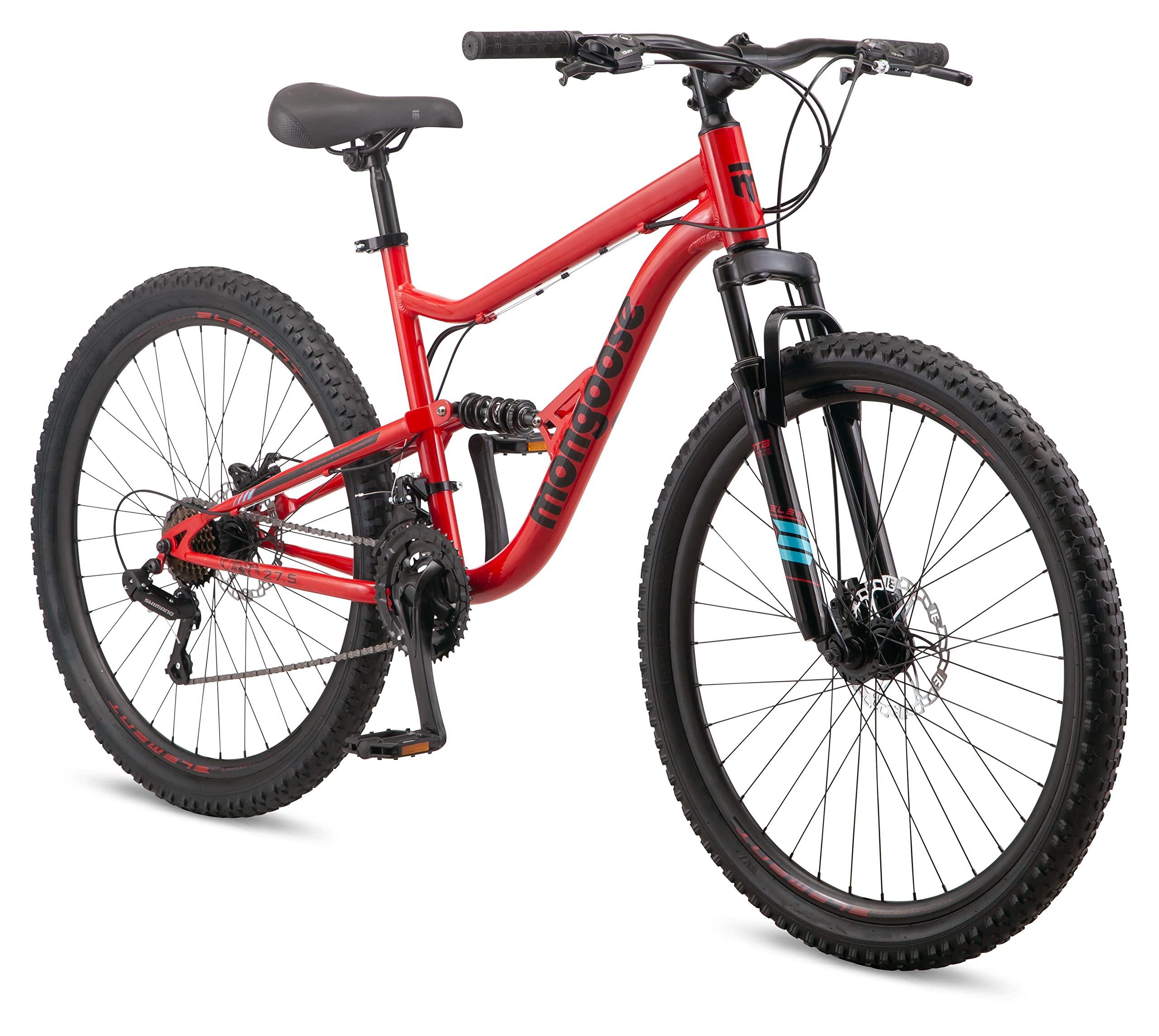 Mongoose Status Mens and Womens Mountain Bike, 27.5-Inch Wheels, 21 Speed Trigger Shifters, Aluminum Frame, Dual Suspension, Front and Rear Disc Brakes, Red