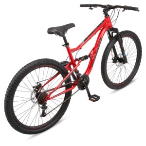 Mongoose Status Mens and Womens Mountain Bike, 27.5-Inch Wheels, 21 Speed Trigger Shifters, Aluminum Frame, Dual Suspension, Front and Rear Disc Brakes, Red