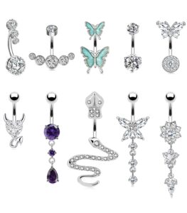 bsj4u 10 pieces belly button rings belly ring set for women navel rings 14g stainless steel hypoallergenic belly button devil heart snake butterfly dangle dangling dangly navel belly piercing jewelry