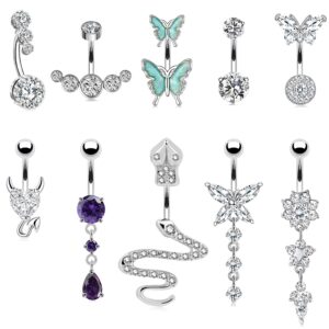 BSJ4U 10 Pieces Belly Button Rings Belly Ring Set for Women Navel Rings 14G Stainless Steel Hypoallergenic Belly Button Devil Heart Snake Butterfly Dangle Dangling Dangly Navel Belly Piercing Jewelry